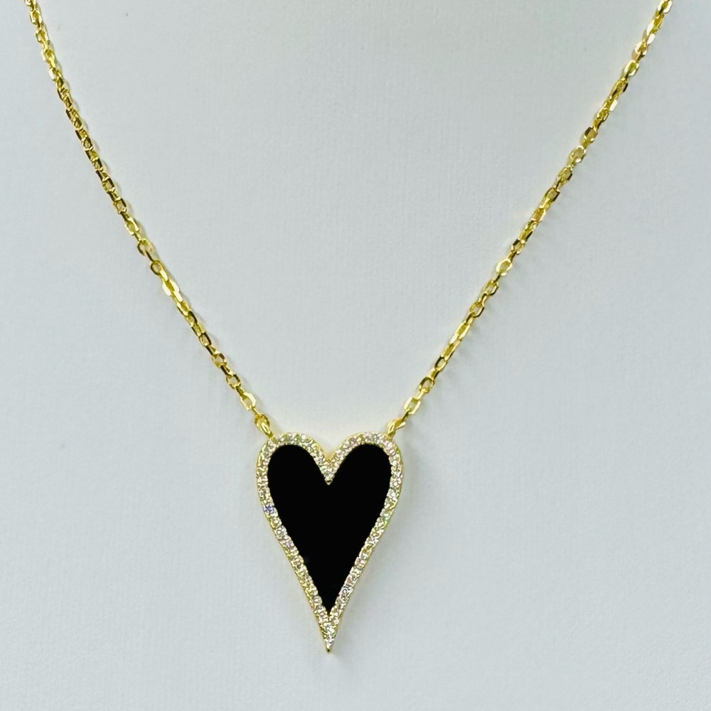 18K & Sterling Silver Black Heart Necklace Crystal Accent Around Heart